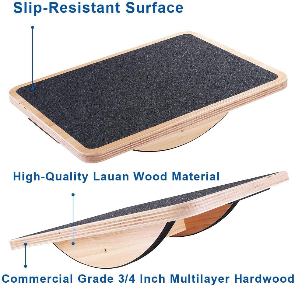 Professional Wooden Balance Board, Rocker Board, Wood Standing Desk Accessory, Balancing Board for Under Desk, Anti Slip Roller, Core Strength, Stability, Office Wobble Boards