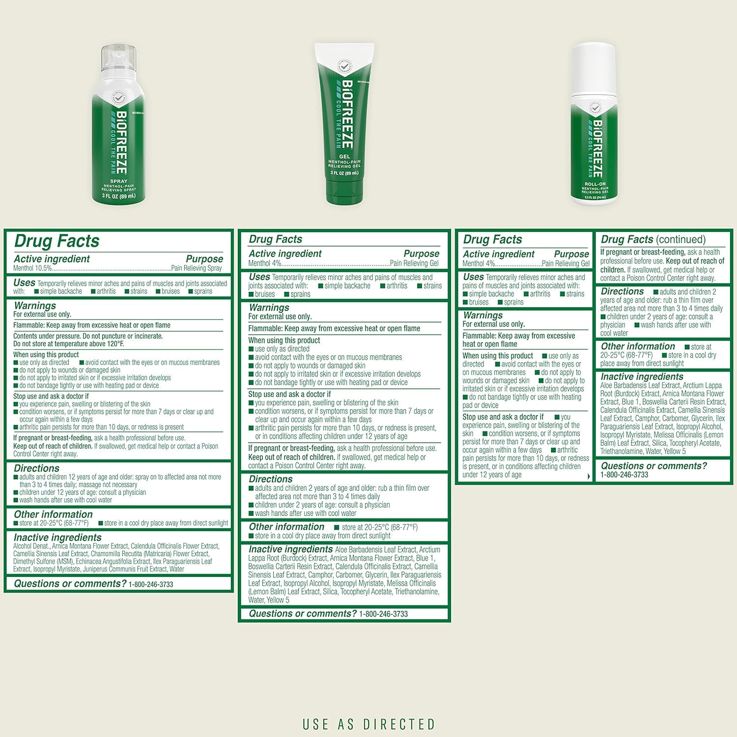 Biofreeze Pain Relief Gel, Spray, Roll-On Pack